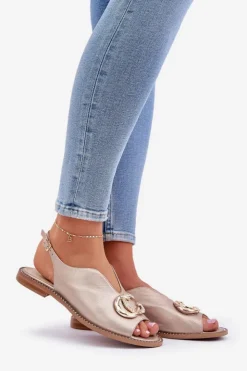 Damskie Laura Messi Skórzane Sandały Na Płaskim Obcasie Z Ozdobą 2865 Złote