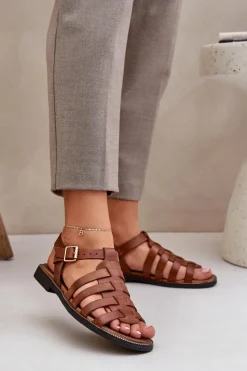 Damskie Boto Skórzane Sandały Na Płaskim Obcasie Zazoo 3686 Camel