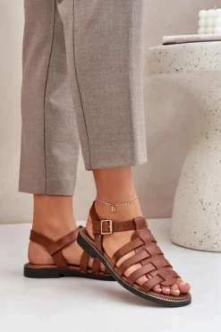 Damskie Boto Skórzane Sandały Na Płaskim Obcasie Zazoo 3686 Camel