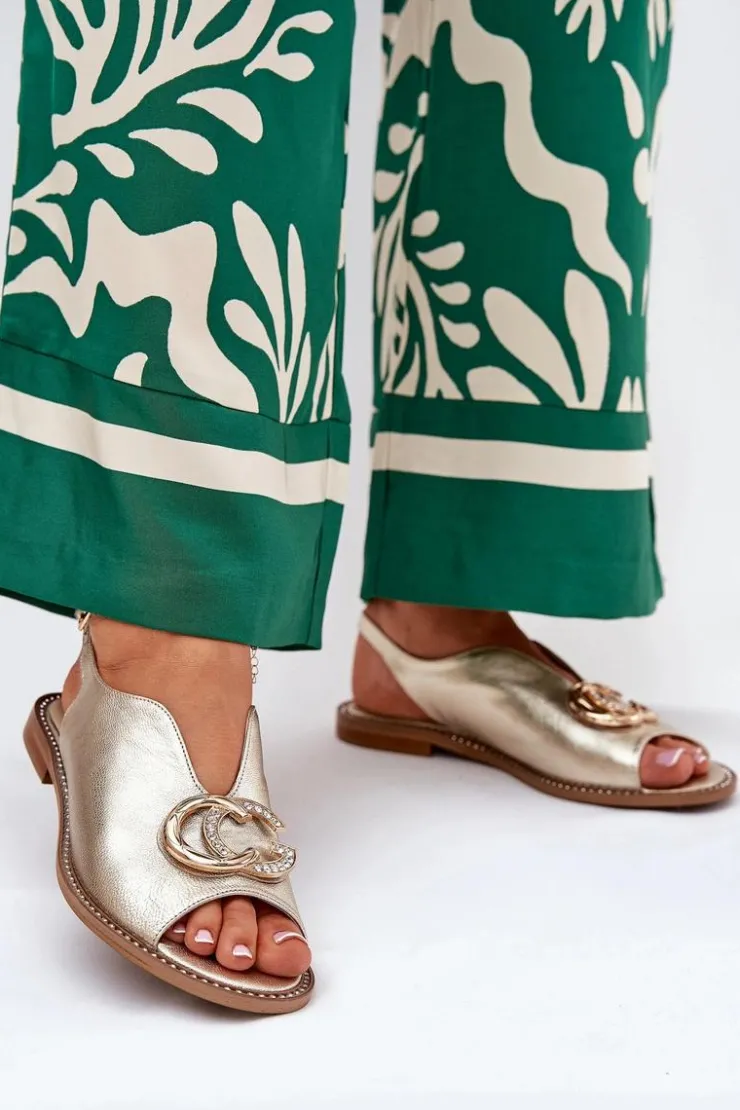 Laura Messi Sandały Płaskie*Skórzane Sandały Na Płaskim Obcasie Z Ozdobą 2865 Złote Złoty