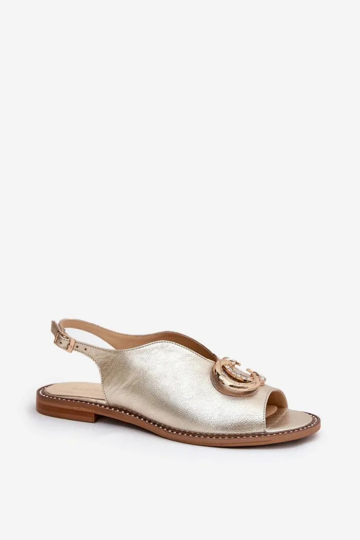 Laura Messi Sandały Płaskie*Skórzane Sandały Na Płaskim Obcasie Z Ozdobą 2865 Złote Złoty
