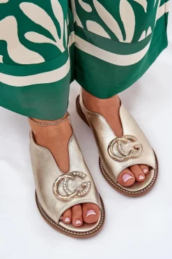 Laura Messi Sandały Płaskie*Skórzane Sandały Na Płaskim Obcasie Z Ozdobą 2865 Złote Złoty