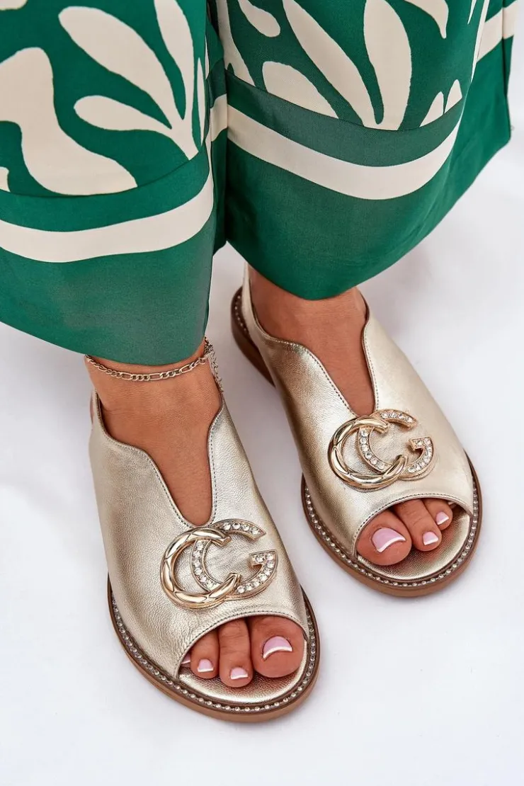 Laura Messi Sandały Płaskie*Skórzane Sandały Na Płaskim Obcasie Z Ozdobą 2865 Złote Złoty