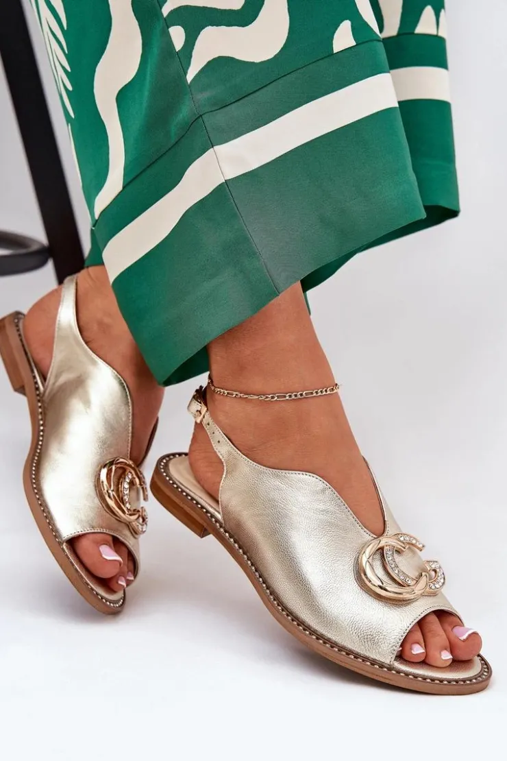 Laura Messi Sandały Płaskie*Skórzane Sandały Na Płaskim Obcasie Z Ozdobą 2865 Złote Złoty