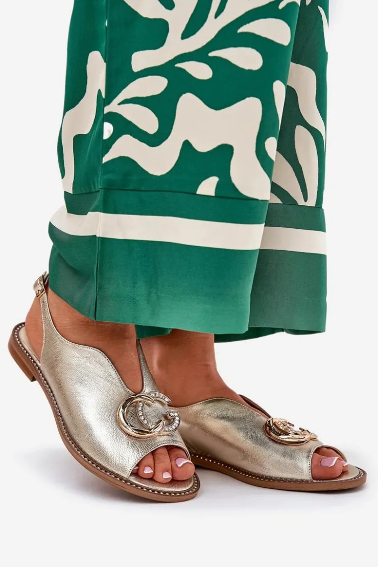 Laura Messi Sandały Płaskie*Skórzane Sandały Na Płaskim Obcasie Z Ozdobą 2865 Złote Złoty