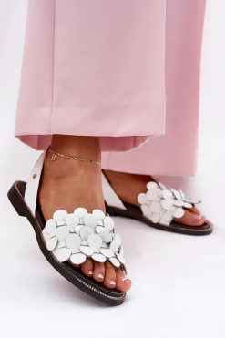 Clearance Zazoo Skórzane Sandały Na Płaskim Obcasie 40425 Białe Biały