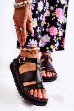 Boto Sandały Płaskie*Skórzane Sandały Na Platformie Czarne Tessy