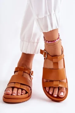 Boto Sandały Płaskie*Skórzane Sandały Na Platformie Camel Tessy