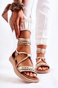 Maciejka Sandały Płaskie*Skórzane Sandały Na Platformie 05559-25 Złote