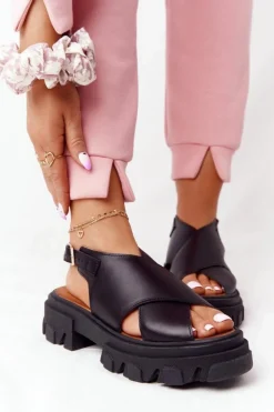 Boto Sandały Płaskie*Skórzane Sandały Na Platformie Lewski Shoes 3018-0 Czarne