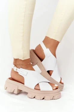 Damskie Boto Skórzane Sandały Na Platformie Lewski Shoes 3018-0 Białe