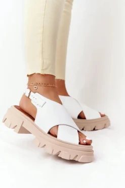 Damskie Boto Skórzane Sandały Na Platformie Lewski Shoes 3018-0 Białe