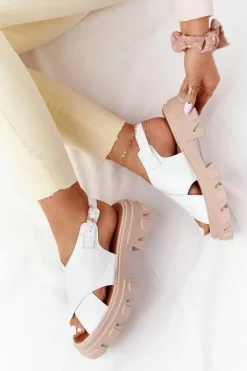 Damskie Boto Skórzane Sandały Na Platformie Lewski Shoes 3018-0 Białe