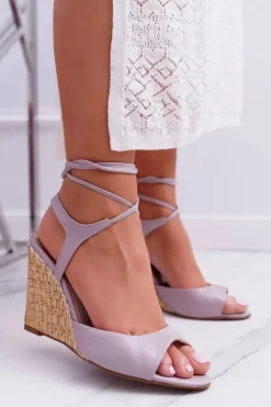 Laura Messi Sandały Na Koturnie*Skórzane Sandały Na Plecionym Koturnie 1944 Jasny Fiolet