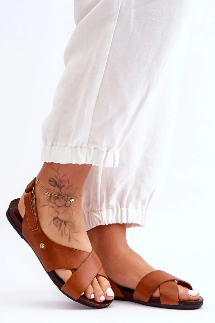 Damskie Zazoo Skórzane Sandały Na Rzep Brązowe Lemar Addison