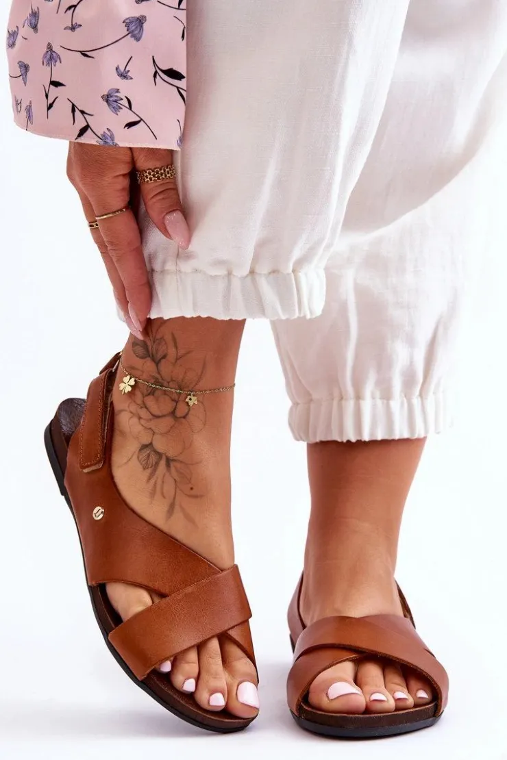 Damskie Zazoo Skórzane Sandały Na Rzep Brązowe Lemar Addison