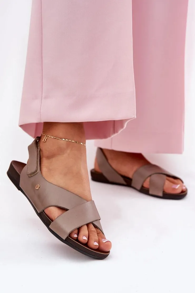 Outlet Zazoo Skórzane Sandały Na Rzep 40141 Ciemnobeżowe Beżowy