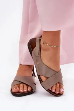 Outlet Zazoo Skórzane Sandały Na Rzep 40141 Ciemnobeżowe Beżowy