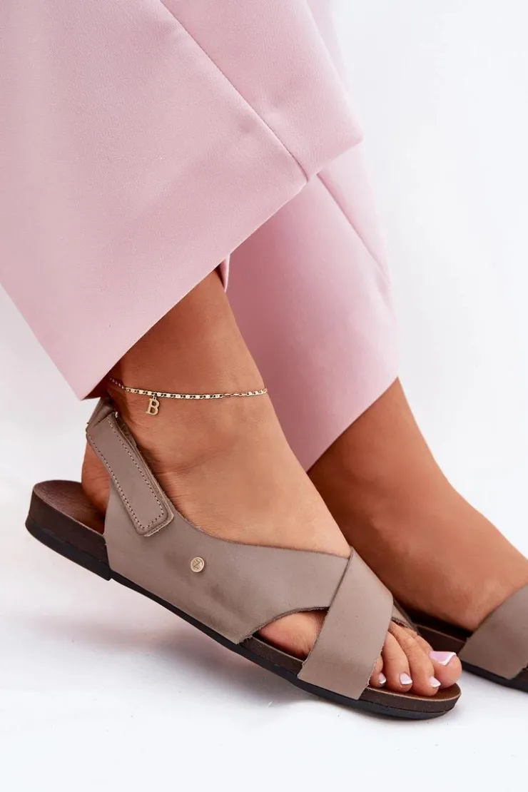 Outlet Zazoo Skórzane Sandały Na Rzep 40141 Ciemnobeżowe Beżowy