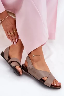 Outlet Zazoo Skórzane Sandały Na Rzep 40141 Ciemnobeżowe Beżowy