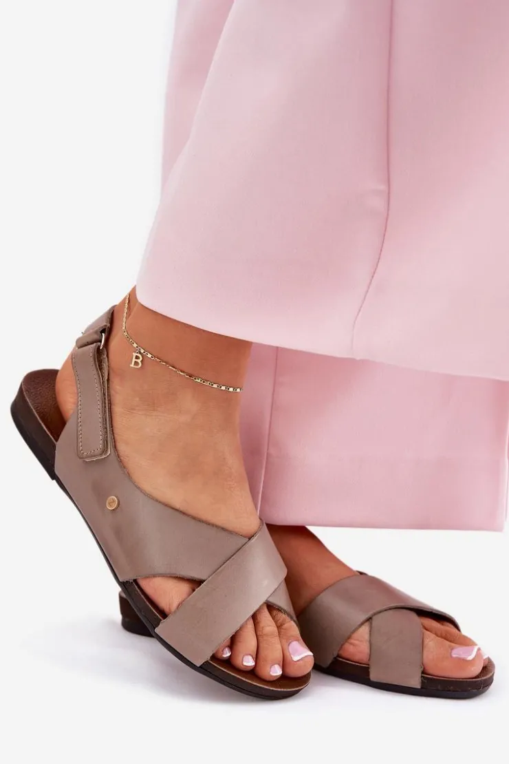 Outlet Zazoo Skórzane Sandały Na Rzep 40141 Ciemnobeżowe Beżowy