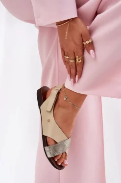 Zazoo Sandały Płaskie*Skórzane Sandały Na Rzep 40141 Beżowo-Złote