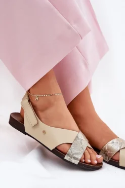 Zazoo Sandały Płaskie*Skórzane Sandały Na Rzep 40141 Beżowo-Złote