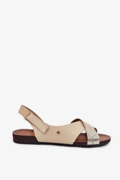 Zazoo Sandały Płaskie*Skórzane Sandały Na Rzep 40141 Beżowo-Złote