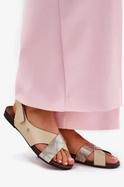 Zazoo Sandały Płaskie*Skórzane Sandały Na Rzep 40141 Beżowo-Złote