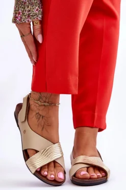 Damskie Zazoo Skórzane Sandały Na Rzep Złoto-Beżowe Lemar Addison