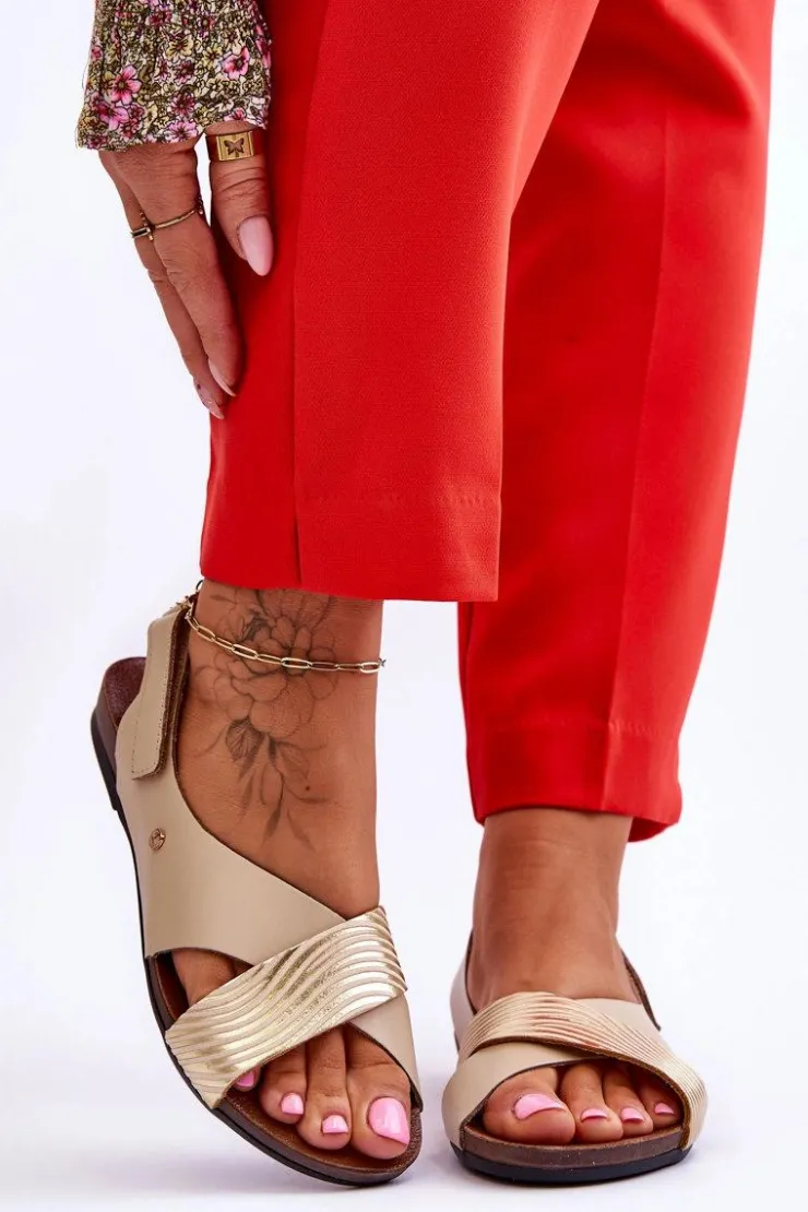 Damskie Zazoo Skórzane Sandały Na Rzep Złoto-Beżowe Lemar Addison