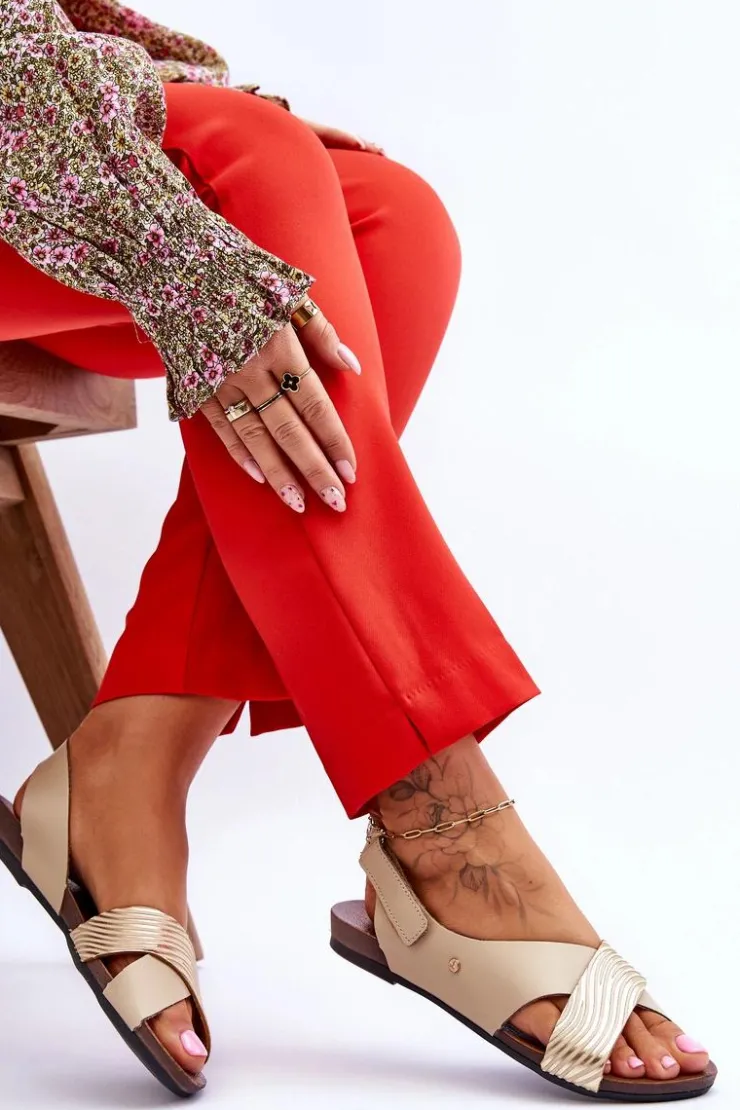 Damskie Zazoo Skórzane Sandały Na Rzep Złoto-Beżowe Lemar Addison