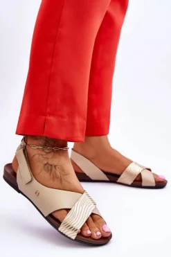 Damskie Zazoo Skórzane Sandały Na Rzep Złoto-Beżowe Lemar Addison