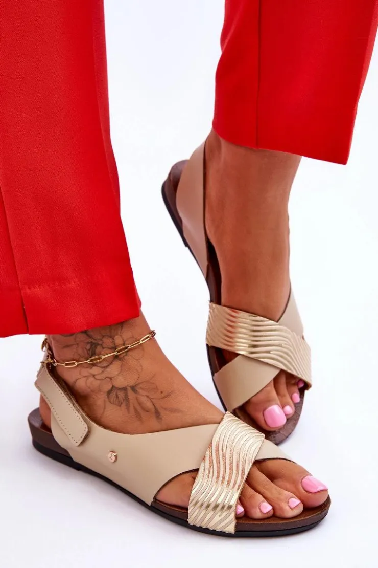 Damskie Zazoo Skórzane Sandały Na Rzep Złoto-Beżowe Lemar Addison