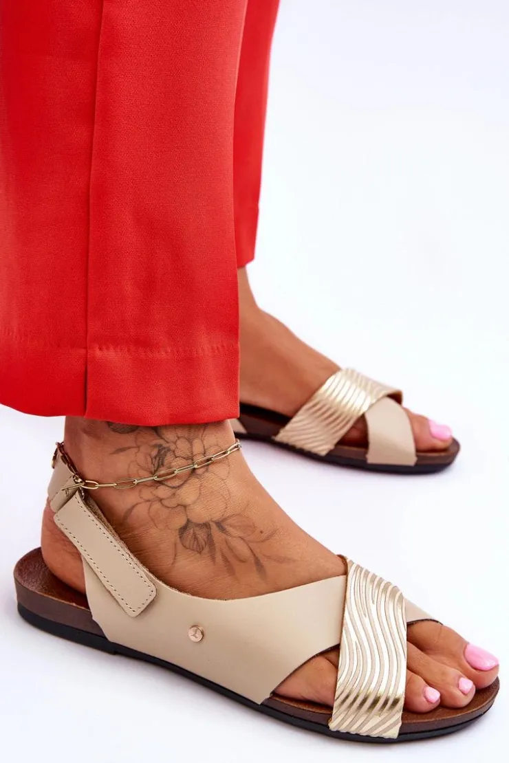 Damskie Zazoo Skórzane Sandały Na Rzep Złoto-Beżowe Lemar Addison