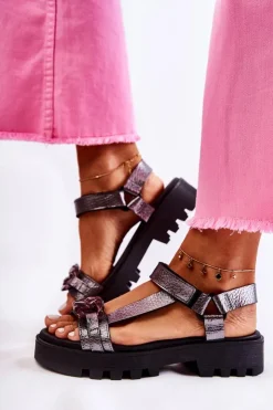 Damskie Maciejka Skórzane Sandały Na Rzepy L5009-41 Ciemnosrebrne