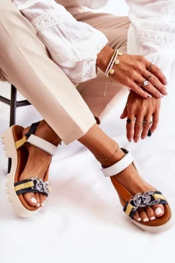 Maciejka Sandały Płaskie*Skórzane Sandały Na Rzepy L5009-02 Granatowo-Białe