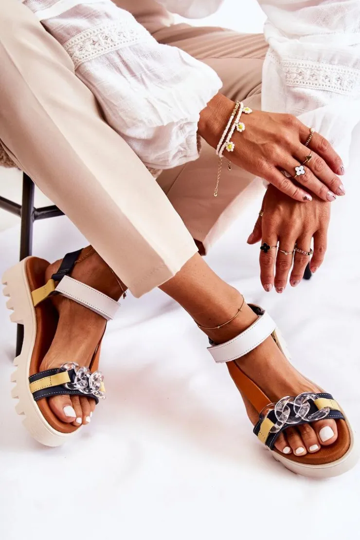 Maciejka Sandały Płaskie*Skórzane Sandały Na Rzepy L5009-02 Granatowo-Białe