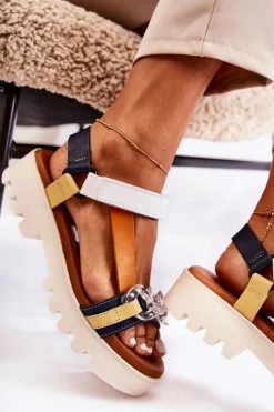 Maciejka Sandały Płaskie*Skórzane Sandały Na Rzepy L5009-02 Granatowo-Białe