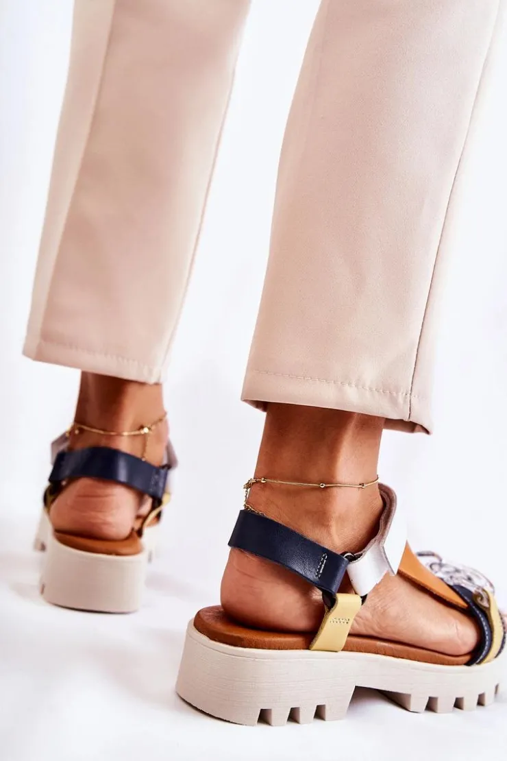 Maciejka Sandały Płaskie*Skórzane Sandały Na Rzepy L5009-02 Granatowo-Białe