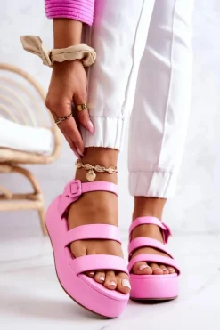 Damskie Boto Skórzane Sandały Na Sprzączkę Różowe Graceful