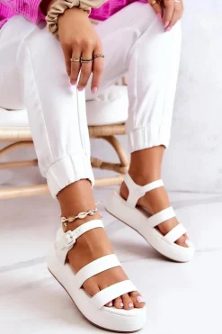 Boto Sandały Na Koturnie*Skórzane Sandały Na Sprzączkę Białe Graceful