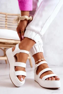 Boto Sandały Na Koturnie*Skórzane Sandały Na Sprzączkę Białe Graceful