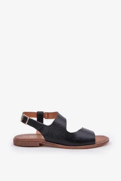 Damskie Boto Skórzane Sandały Na Sprzączkę Z Tłoczeniem Lewski 3041 Czarne