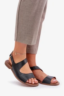 Damskie Boto Skórzane Sandały Na Sprzączkę Z Tłoczeniem Lewski 3041 Czarne