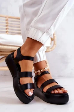 Boto Sandały Na Koturnie*Skórzane Sandały Na Sprzączkę Czarne Graceful