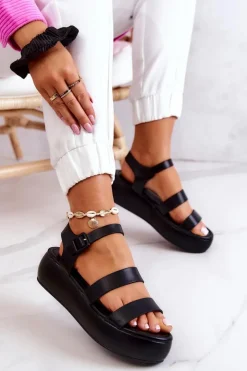 Boto Sandały Na Koturnie*Skórzane Sandały Na Sprzączkę Czarne Graceful