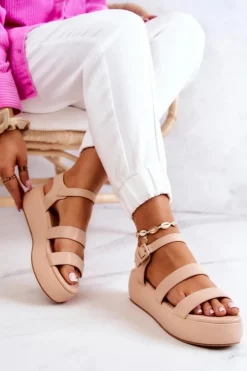 New Boto Skórzane Sandały Na Sprzączkę Beżowe Graceful