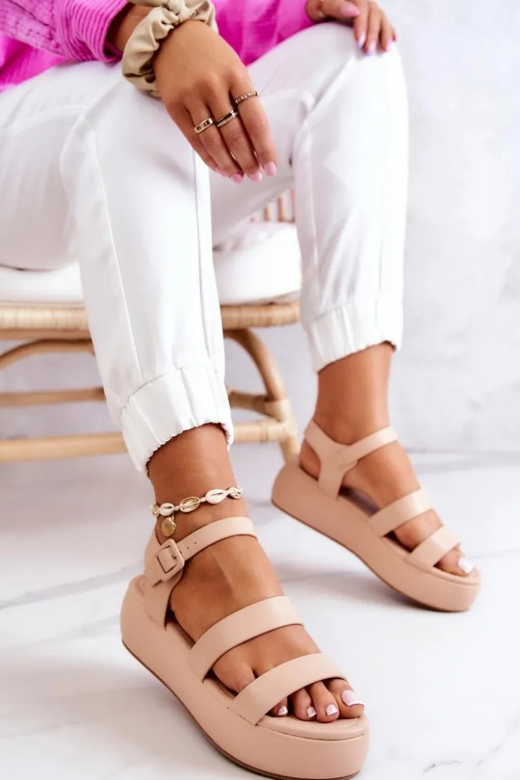 New Boto Skórzane Sandały Na Sprzączkę Beżowe Graceful