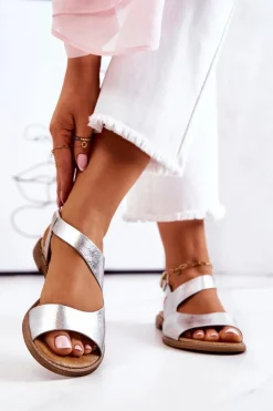 Boto Sandały Płaskie*Skórzane Sandały Na Sprzączkę Lewski 3041 Srebrne